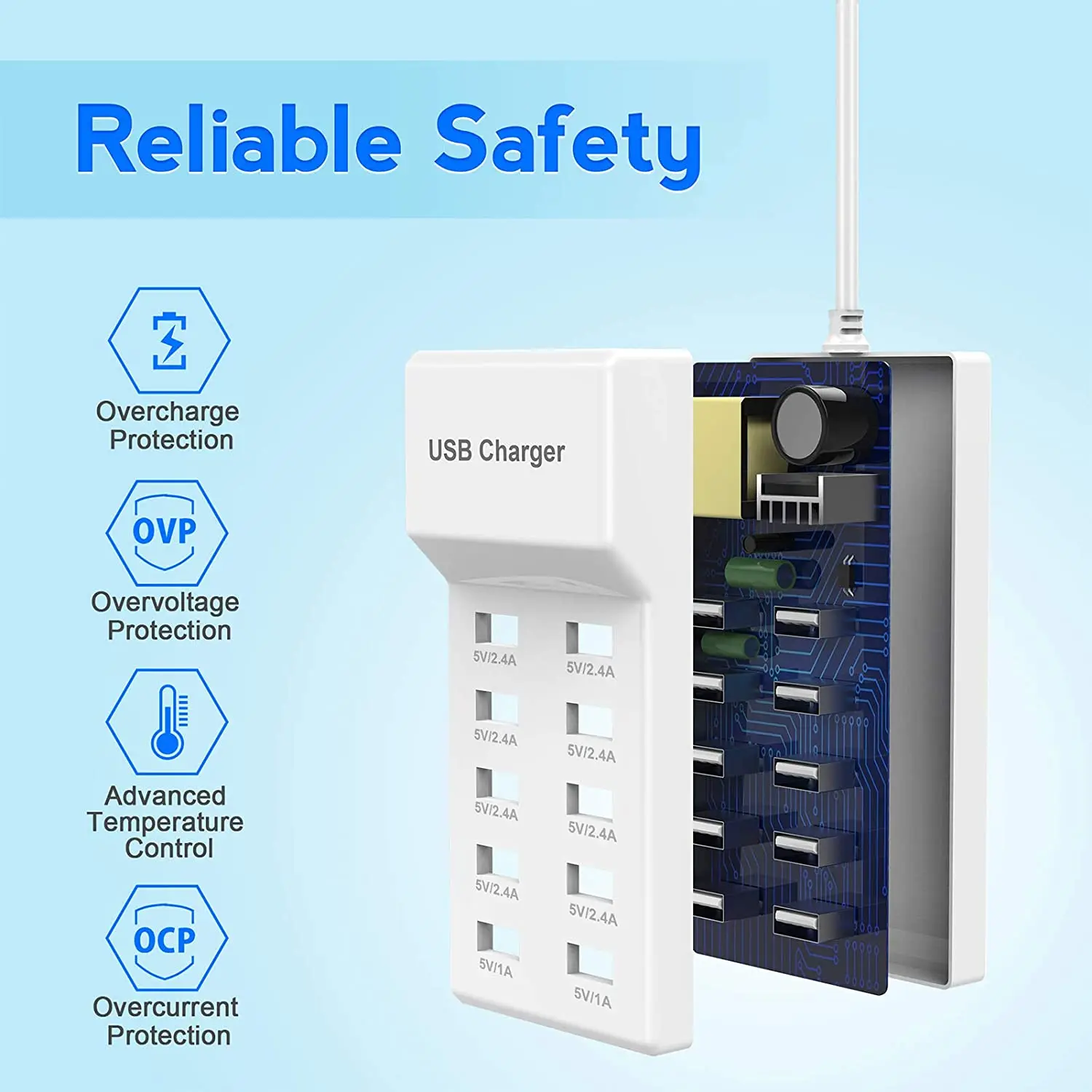 USB Charger 10-Port USB Charging Station for Multi Devices 50W USB Hub Adapter for iPhone Samsung Xiaomi Huawei Extension Socket