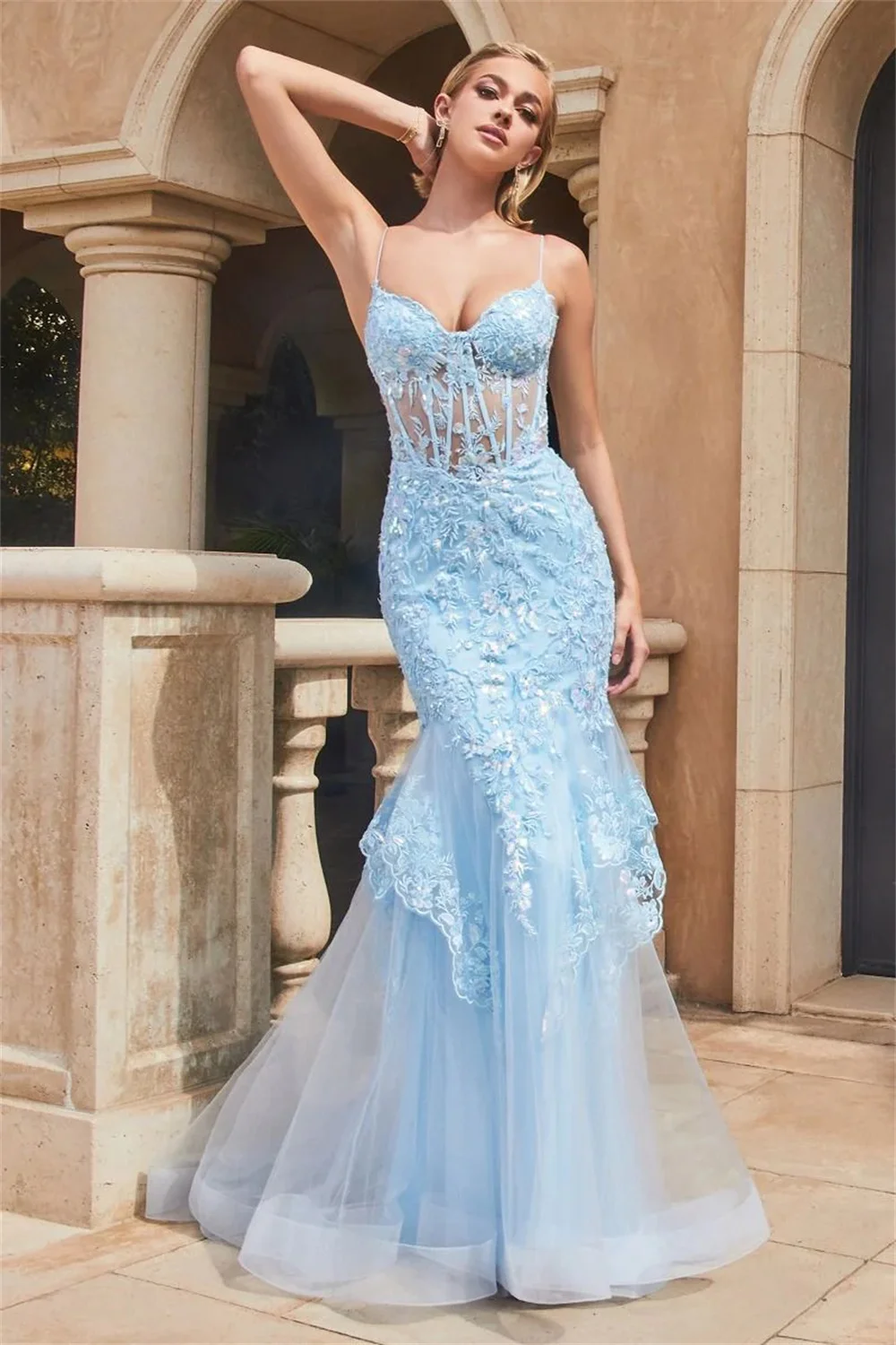 Jessica Sky Blue Dresses Glitter Embroidered Mermaid Graduate Prom Dresses Corset Wedding Party Dressese 2024Vestidos De Noche