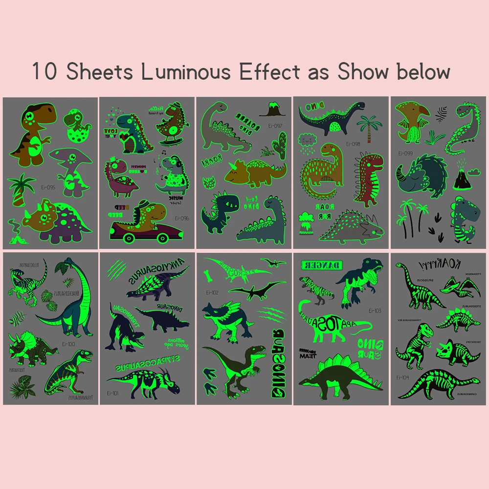 10 枚の光る恐竜タトゥーステッカー グリーンナイトグロー漫画恐竜ティラノサウルスレックス翼竜防水一時的な