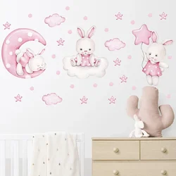 Watercolor Soft Pink 3 Bunnies Rabbit Moon Clouds Stars Wall Stickers for Kids Room Baby Nursery Room Wall Decals Home Decor PVC