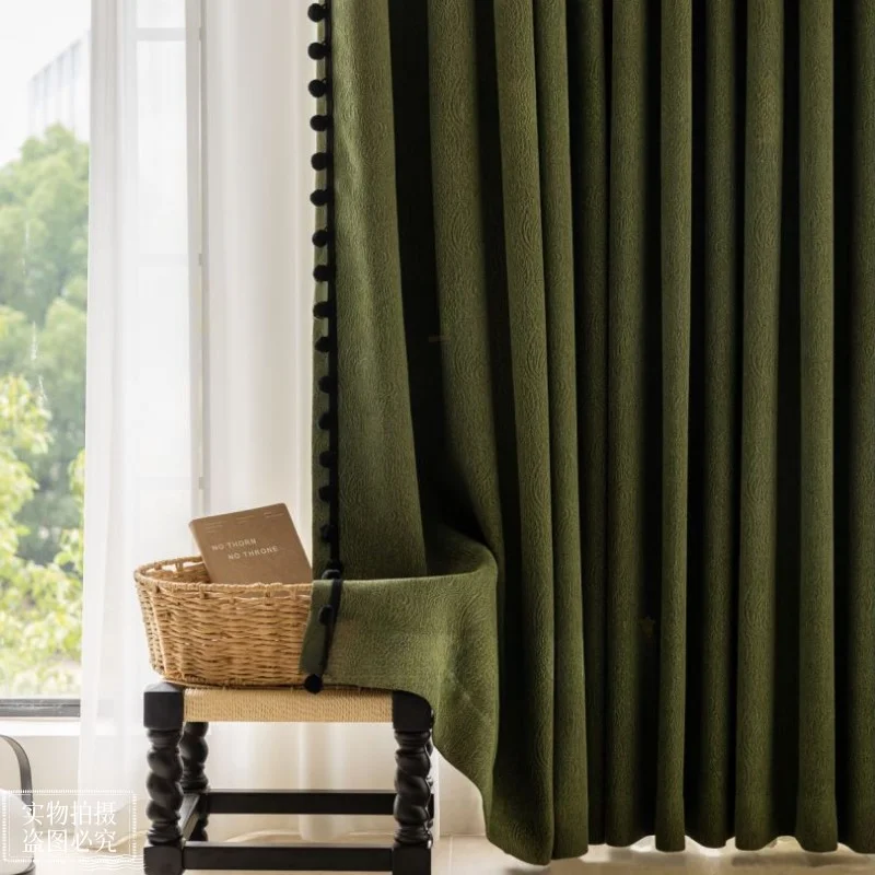 French Retro Curtains for Living Room Bedroom Blackout American Olive Green New Style Antique Style Room