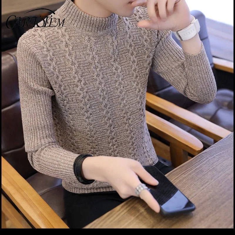 

Зимний свитер с полуводолазкой для мужчин, корейский стиль, приталенный толстый вязаный свитер для молодежи, свитер