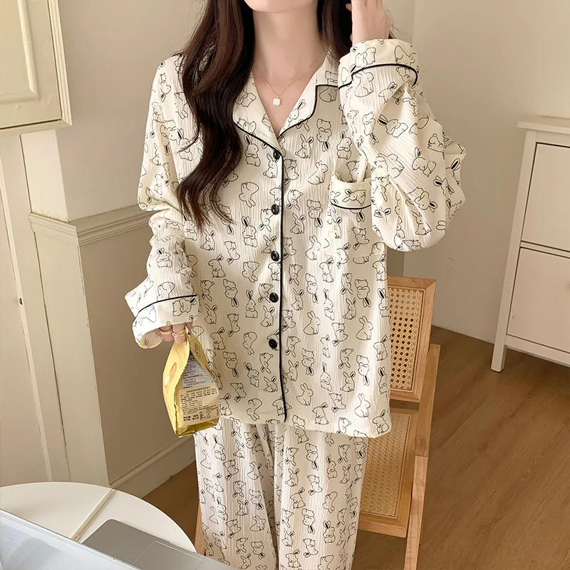 

Cute Rabbit Sleepwear Women's Long Sleeve Loose Comfortable Home Clothes Set Autumn Spring Seasonal plus Size Outerwear