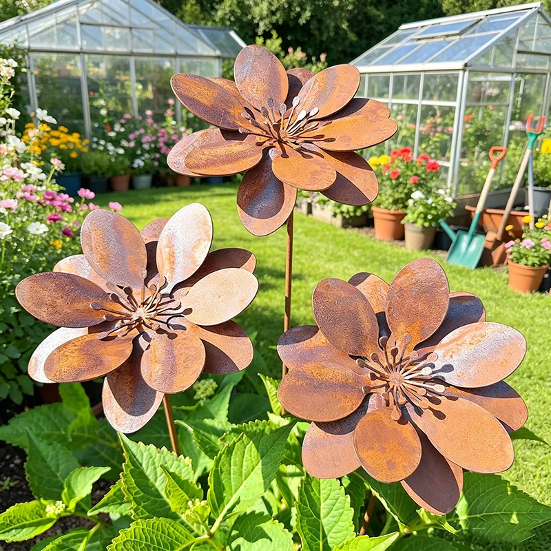 Rustic Iron Flower Stake 3D Floral Yard Ornament Garden Pick Outdoor Lawn Patio Decorative Art Crafts