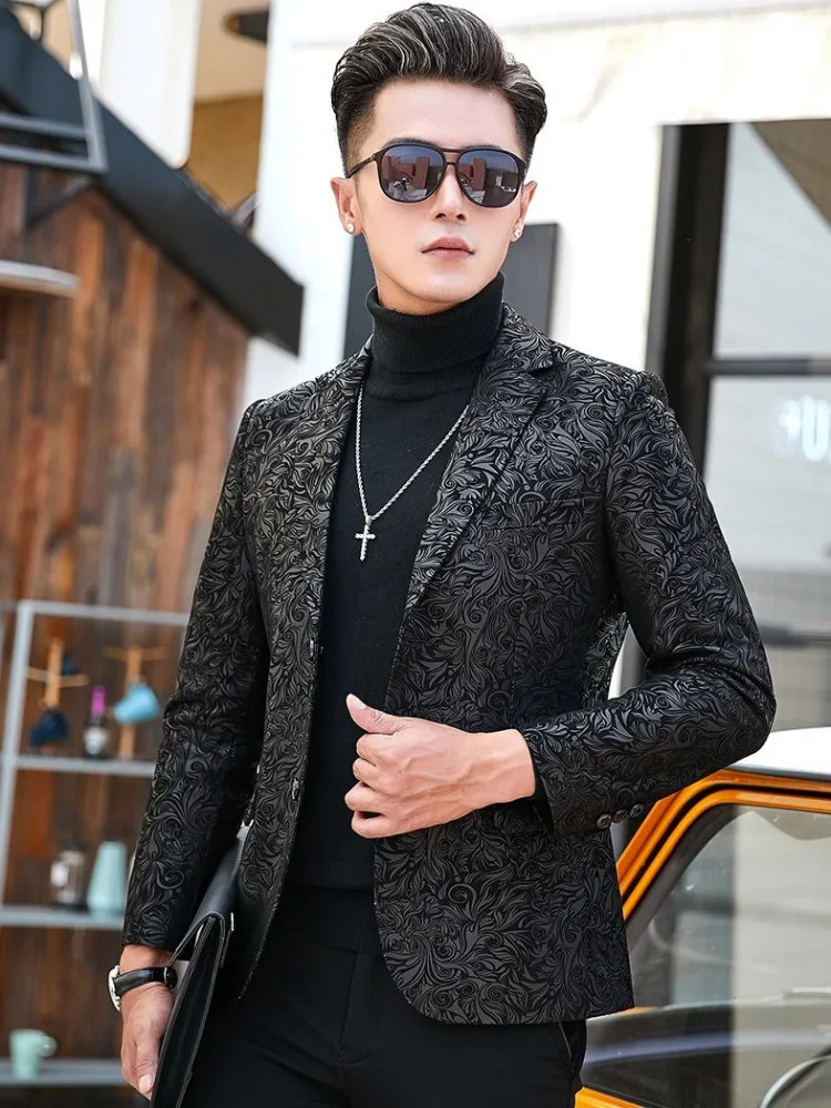 Runs Small Slim Fit Mens Genuine Leather Suit Jacket Single Breasted Luxury Business Casual Printed Real Sheepskin Blazers Coat