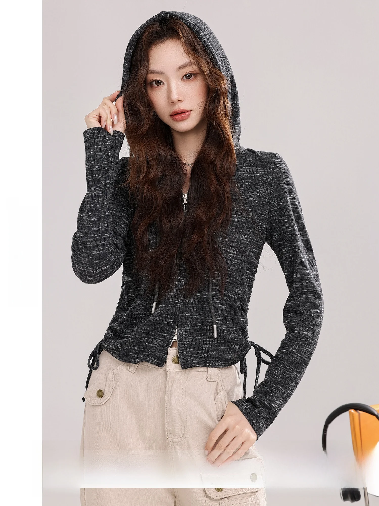 

Unique Chapter ey Hooded Jaet Women's Faionable Pleated Design Autumn New Arrival Versatile Top Polyester Long Sve S...