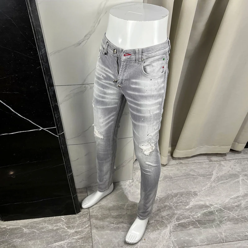 

Street Designer Fashion Men Jeans High Quality Retro Gray Stretch Slim Fit Patched Ripped Jeans Men Brand Vintage Denim Pants