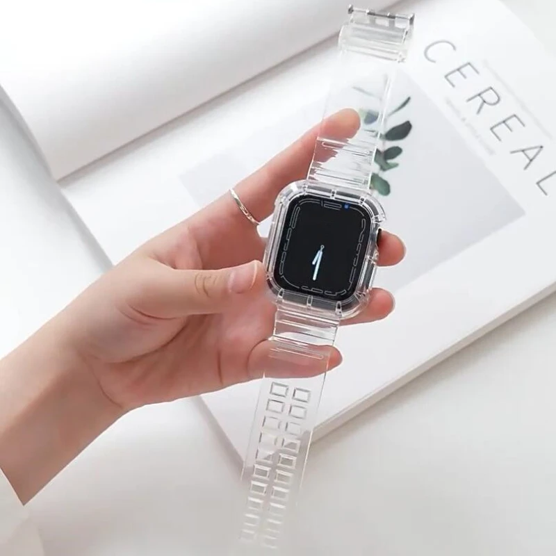 Hülle + Armband für Apple Watch Band 44mm 40 45 41 46 42 38 49mm Transparentes Silikonarmband iWatch Series 10 9 8 7 6 SE 5 4