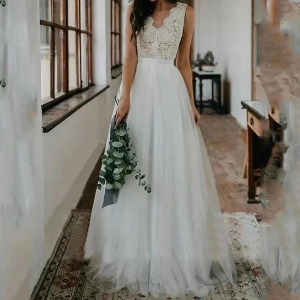 

ANGELSBRIDEP Simple Country Style A-Line Wedding Dresses Lace Sleeveless V-Neck Backless Bridal Dresses Vestido De Noiva