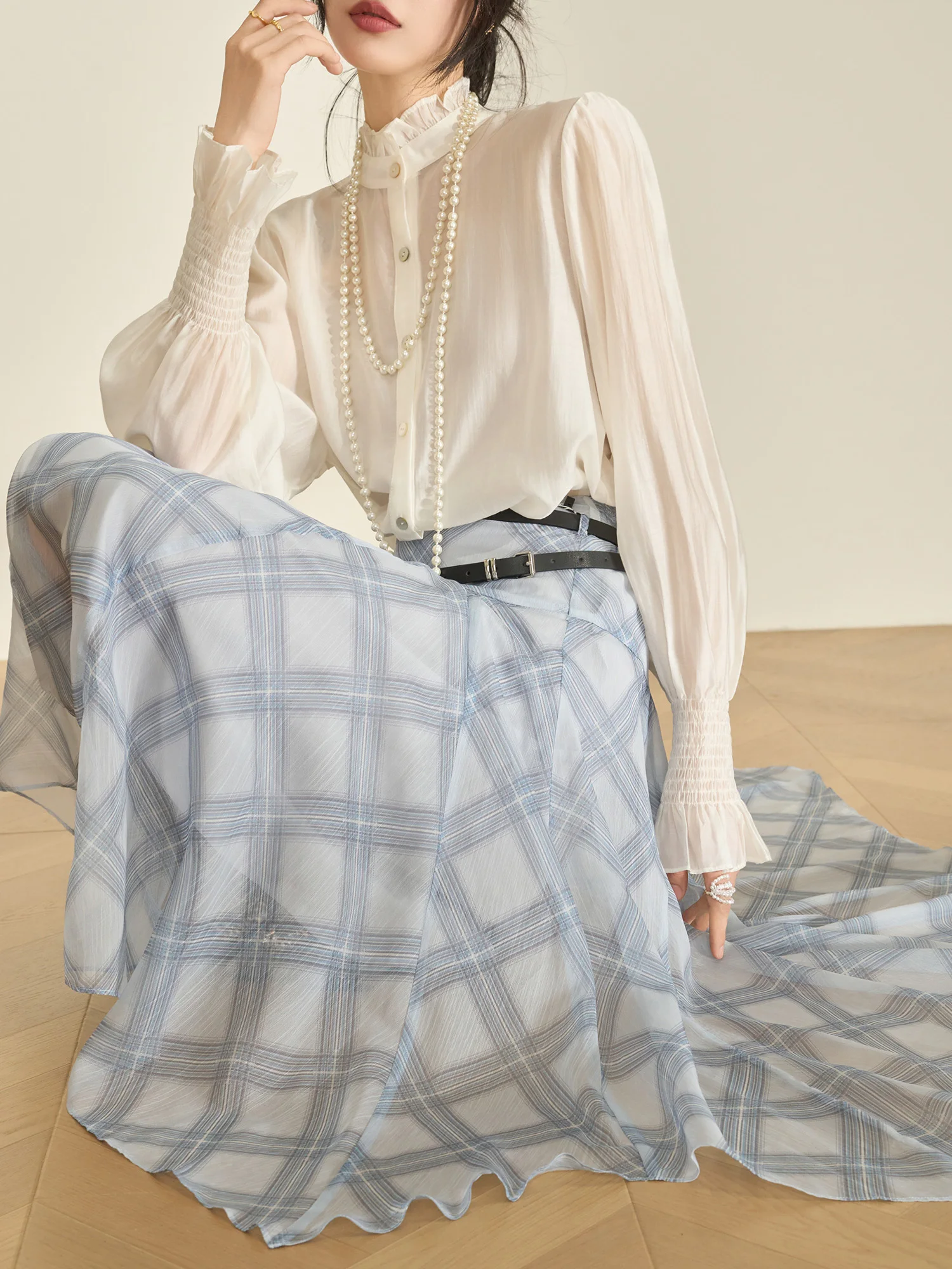 

Flowing Era Casual Plaid Chiffon Asymmetrical Skirt Women's Sle Aosphere High Waist A-Line Skirt Daily Wear