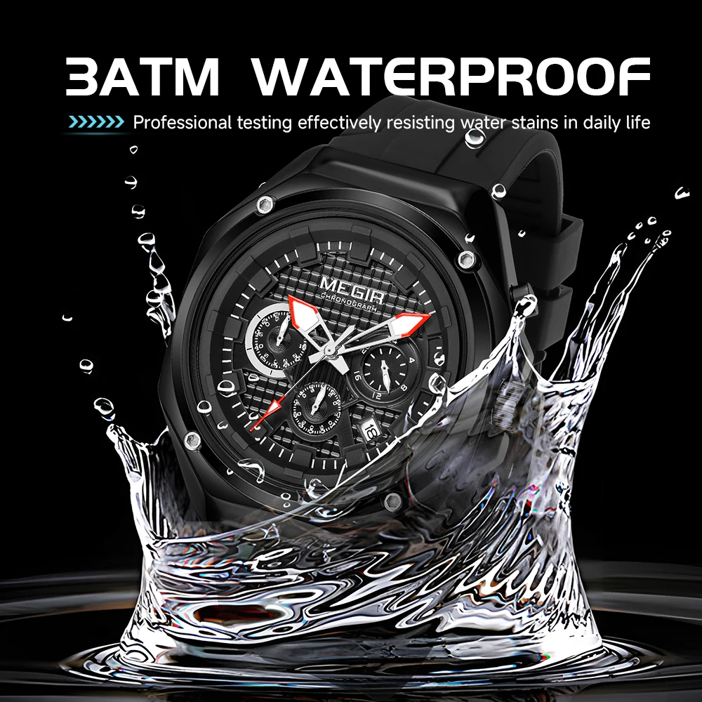 MEGIR كرونوغراف سيليكون حزام الرياضة ساعات كوارتز للرجال 3ATM مقاوم للماء التقويم الذكور ساعة اليد ساعة Relogio Masculino #3