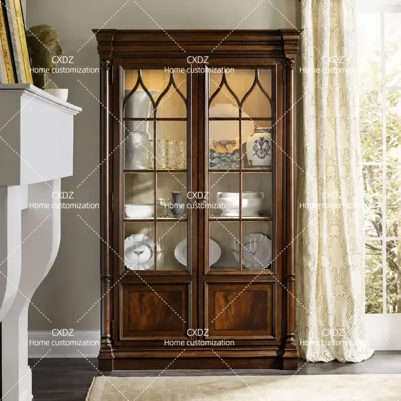 Country Classical Wooden Wine Cabinet Dining Sideboard Bookcase Display Shelf Porcelain Storage Unit for Living Room