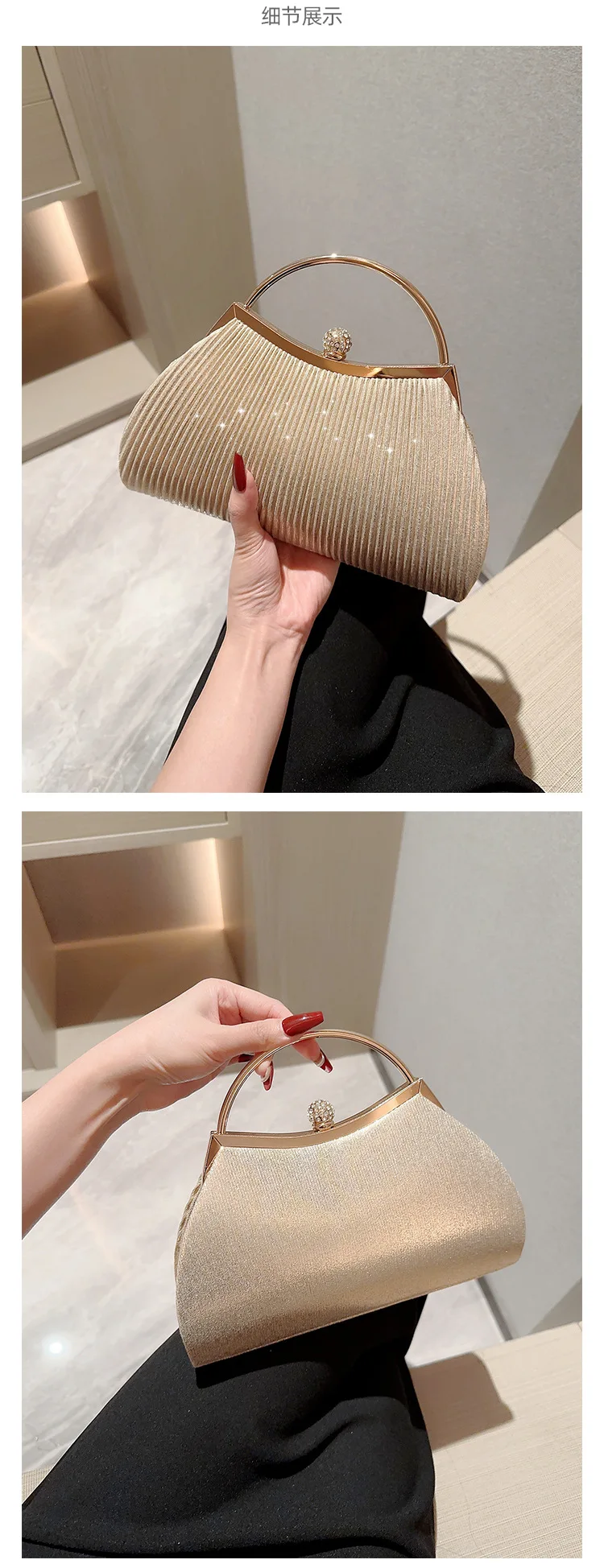 Luxury Evening Purse Clutch Bag for Wedding party wrinkle clutch bag champagne dress evening handbag with metal handle for women