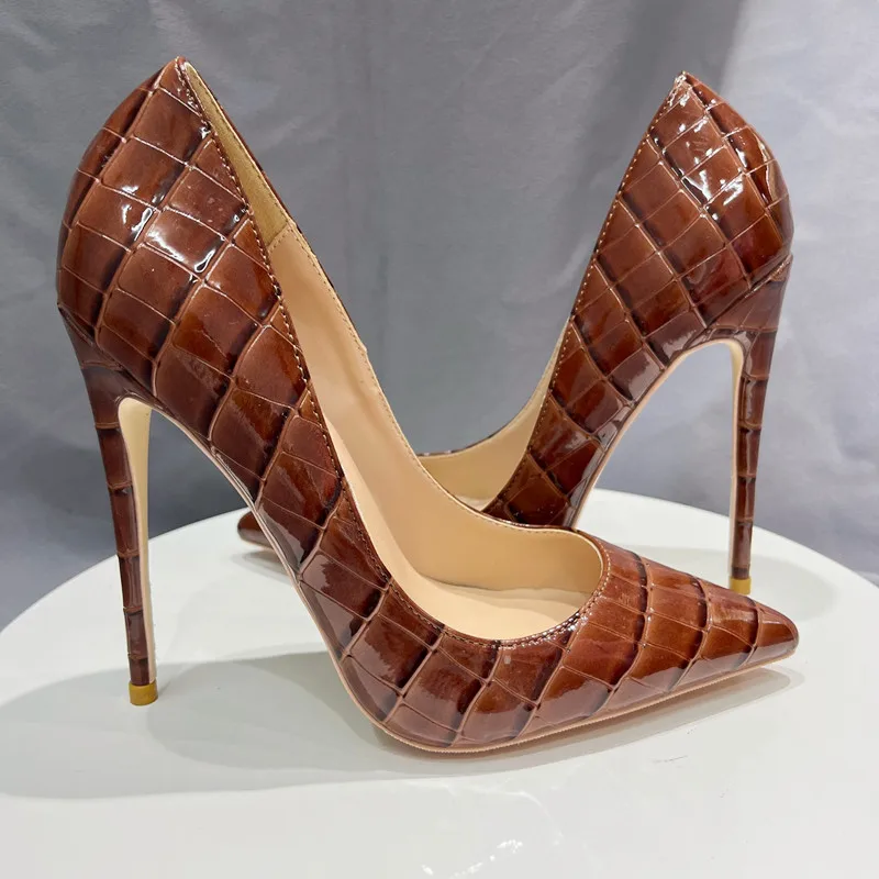 Tikicup Brown Crocodile Effect Women Sexy Pointy Toe High Heel Shoes Plus Size 33-46 Slip On Stiletto Pumps for Evening Dress