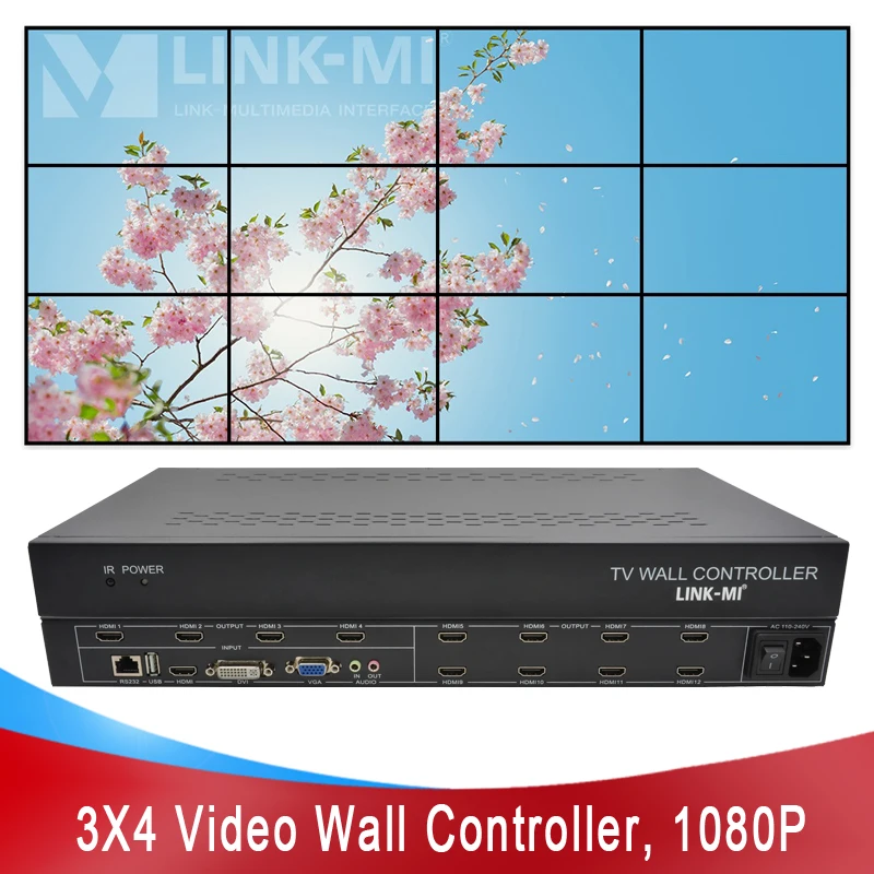 

LINK-MI 6-12 CHs Video Wall Controller for max 12 Displays 3x4 2x5 2x4 3x3 2x3 2x2 HDMI USB DVI VGA with Zoom Subtitle