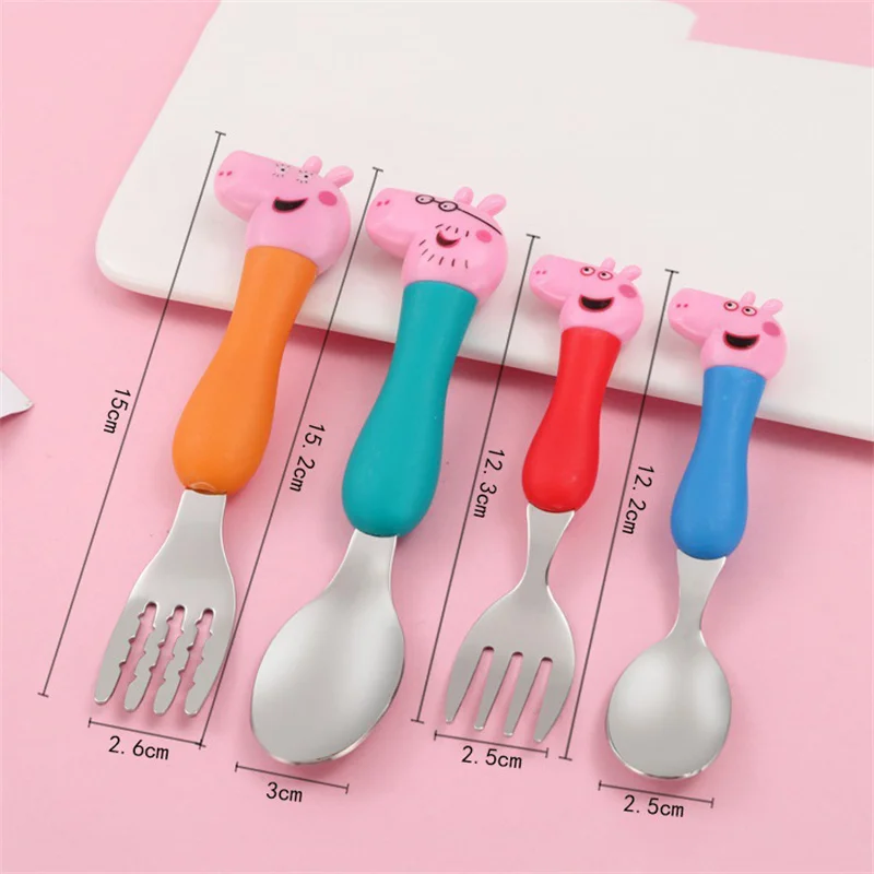 Peppa Pig Fork Spoon Set Children Tableware Fork Spoon George Pig Dad Mom Suit Cartoon Figure Toys Gifts Girls Boys 2024 Gifts