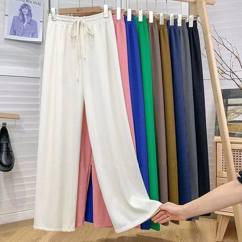 سراويل نسائية مع مقاس نحيف عالي الخصر وطول يصل إلى الأرض سراويل مستقيمة مطوية للسيدات بنطال ذو قصة أرجل واسعة