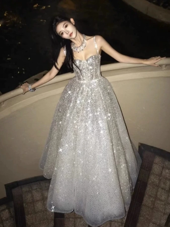 

Серебряное вечернее платье со сверкающими пайетками, мяч для хозяина Ele Lady Bride, питьевая церемония, модный семисторонний комплект