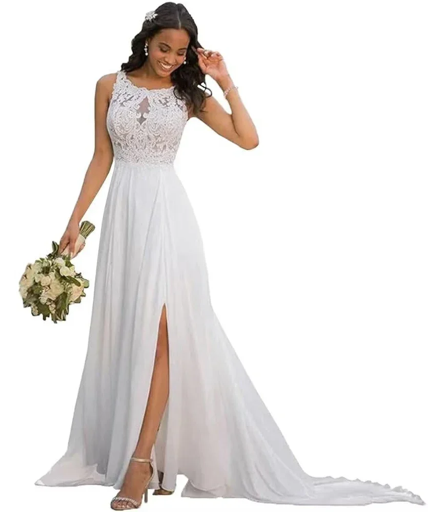 

Women‘s Lace Beach Wedding Dresses for Bride 2024 Plus Size A-Line Slit Formal Gown With Train White/Ivory Vestidos de Noiva