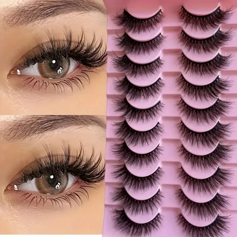 

10 Pairs Fluffy Faux Mink Eyelashes, Hypoallergenic Full Volume Natural Look False Lashes Set, Dramatic Cat Eye Style with Pink