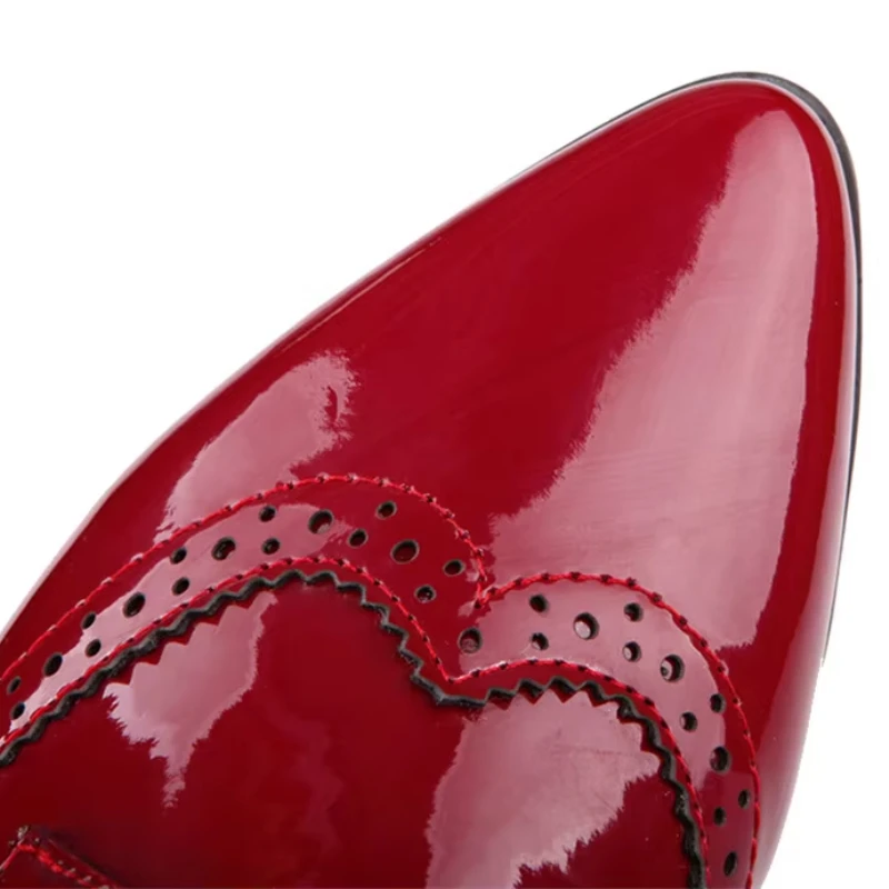 Size 34-43 Women Derby British Flats Shoes Oxford Patent Leather Pointed Toe Casual Office Party Lace Up Red Vintage Lady Brogue