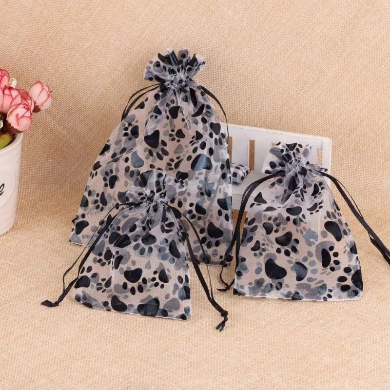 10/25/50Pcs Black Cat Paw Pattern Chiffon Jewelry Bag Suitable for Gift Candy Packaging Dimensions 8x10/10x15/13x18cm