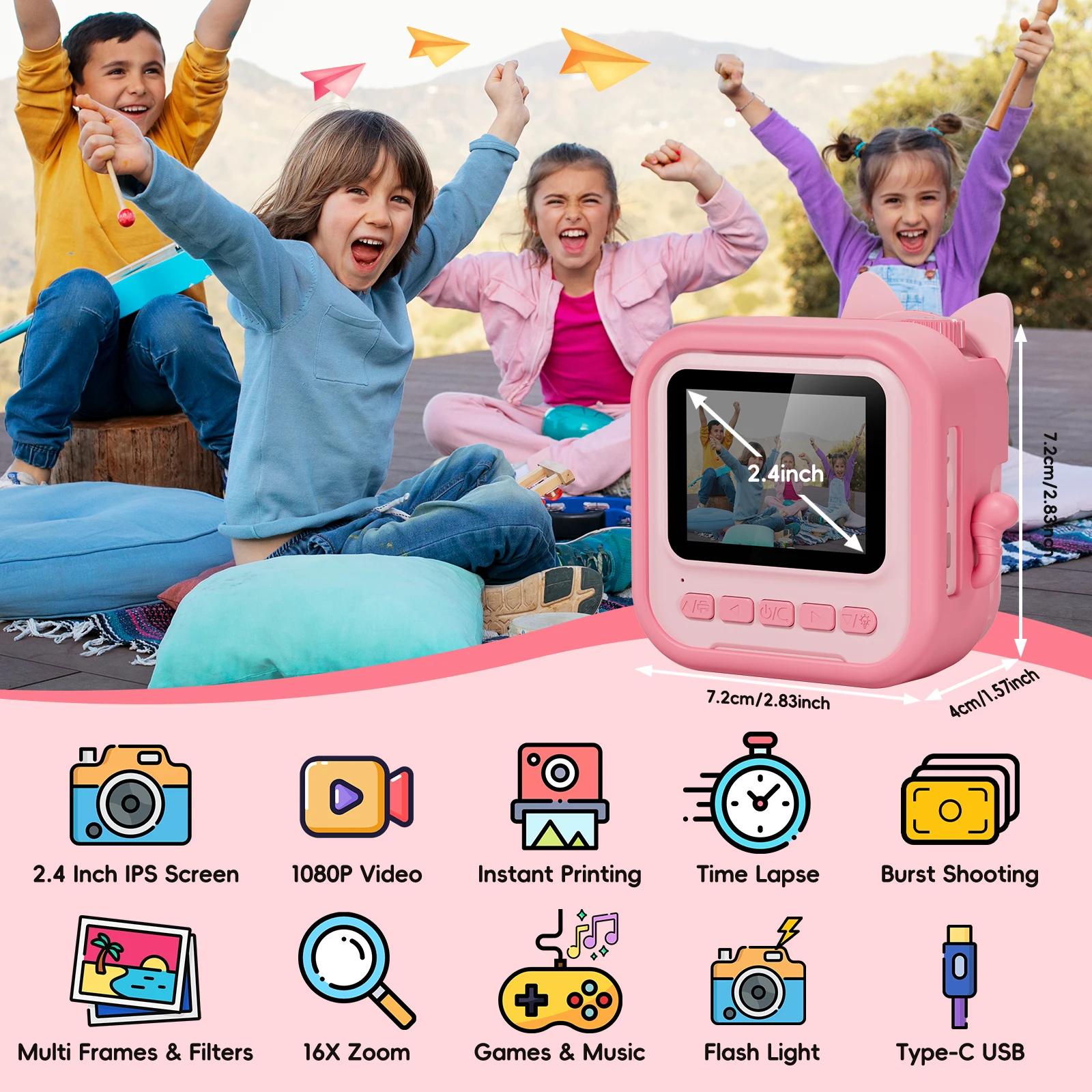 Sofortbildkamera für Kinder, 2,4-Zoll-Sofortbildkamera mit 32 GB SD-Karte und Druckpapier, Kinderkamera für Kinder im Alter von 3–12 Jahren