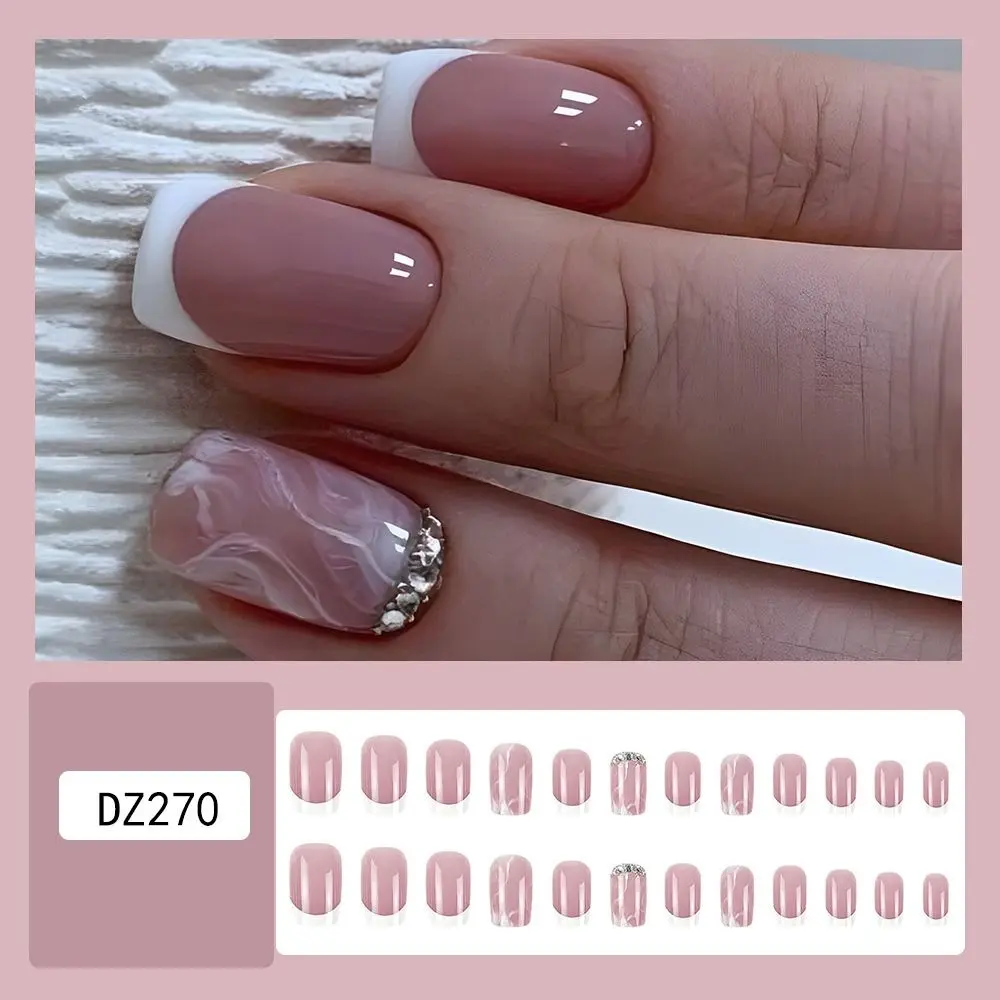 Wearable Manicure French Fake Nails Detachable Rhinestone Full Cover Press on Nails Square Head False Nail Women