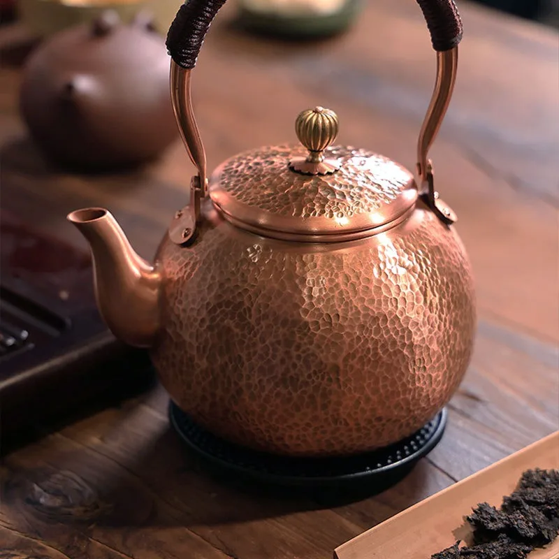 Pure Red Copper Bail Kettle Hand‑hammered Rope Handle For Home Tea Ceremony Chinese Retro Teapot
