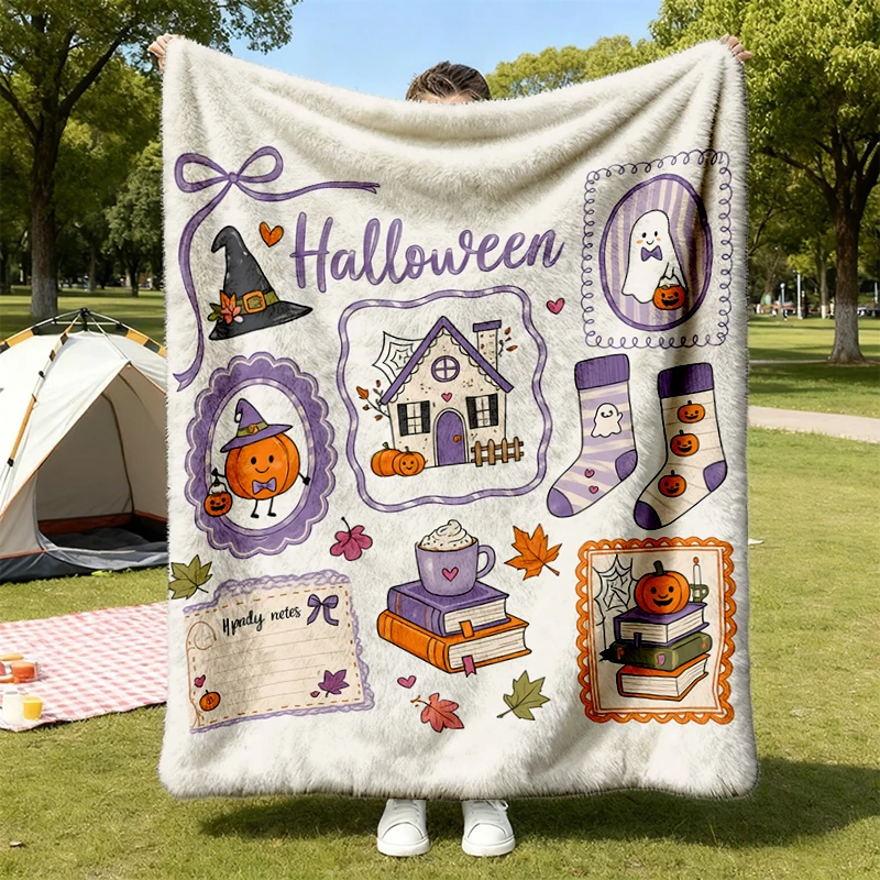 Cute Halloween Soft Blanket, Ghost Pumpkin Haunted House Comfy Blanket, Cozy Spooky Season Bookish Fall Graphic, Hallowe
