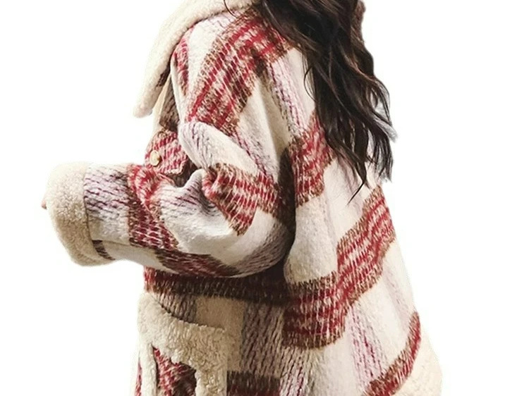 2025 Vintage Red Checkered Spliced Lamb Wool Jacket for Women Thickened Student Cotton Jacket for Winter