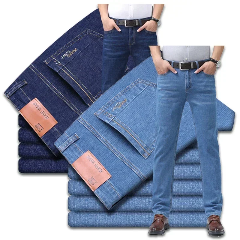 Conjunto de 2 piezas de pantalones vaqueros de algodón elásticos de verano para hombre, pantalones vaqueros rectos de negocios ajustados a la moda y cómodos de talla grande
