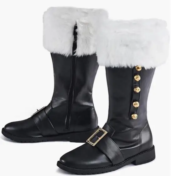 

Men's Christmas Santa Claus Pirate Boots Medieval Wide Calf Combat Boots White Plush Cuffs Foot Bells for Costume Accessories