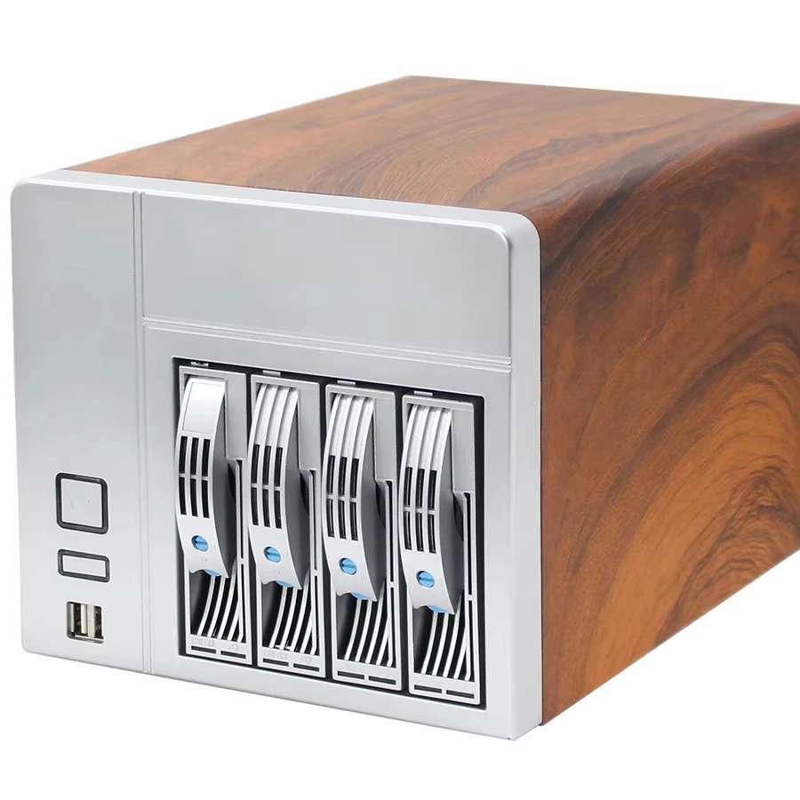 NAS-04 Mini ITX Case with 4 Hot-Swap HDD Bays - Wood Grain Design for Home/Office Storage & Private Cloud