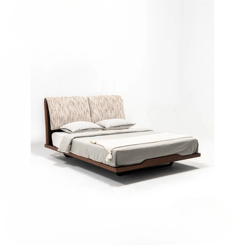 French vintage elephant ears cotton and linen fabric upholstered solid wood bed