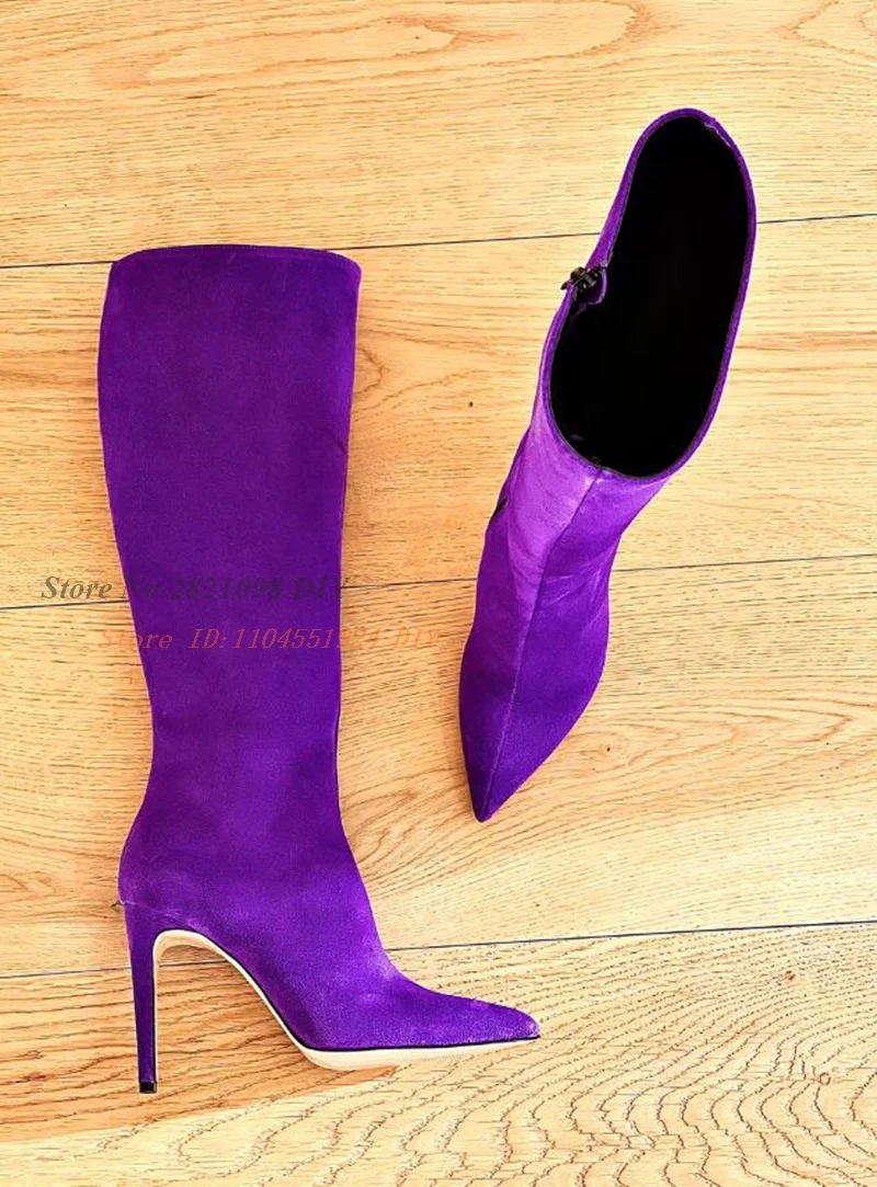 

Suede Leather Pointed Toe Side-Zip Thin Heeled Booties Women Knee Length High Long Boots Party Shoes