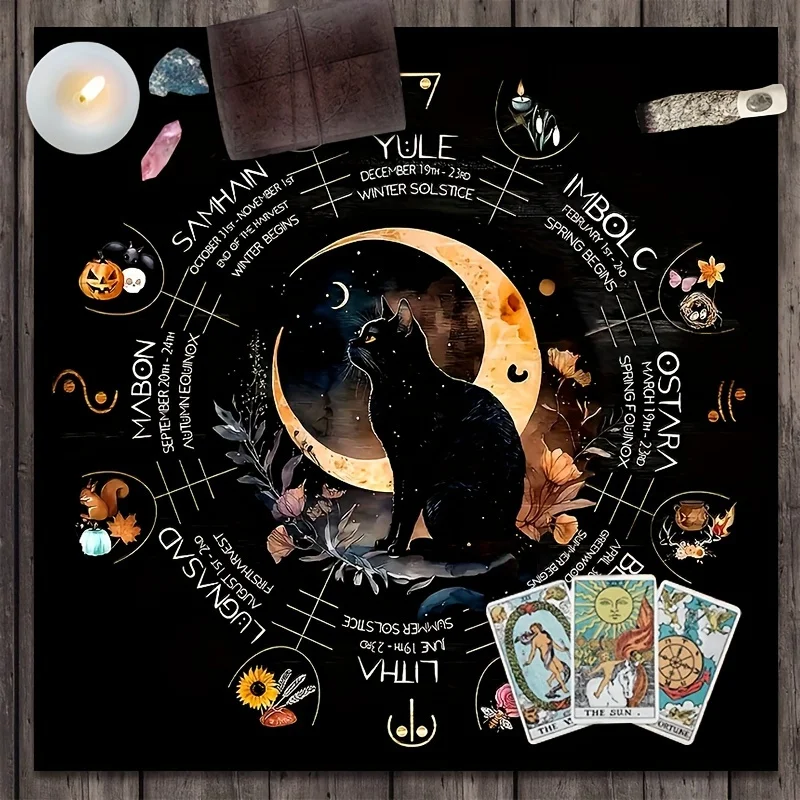 Blue Altar Cloth, Mystical Cat Design, Tarot Reading Mat, Botanical & Floral Elements, Decorative Table Mat