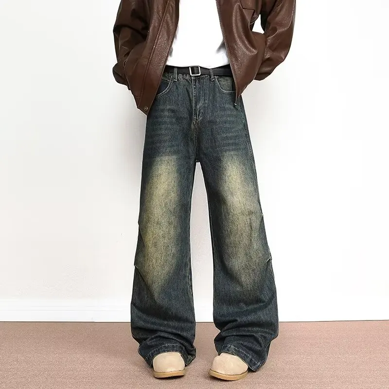 

Ретро американские потертые широкие прямые джинсы мужские модные свободные покроя Cleanfit повседневные джинсы длиной до пола джинсовые брюки
