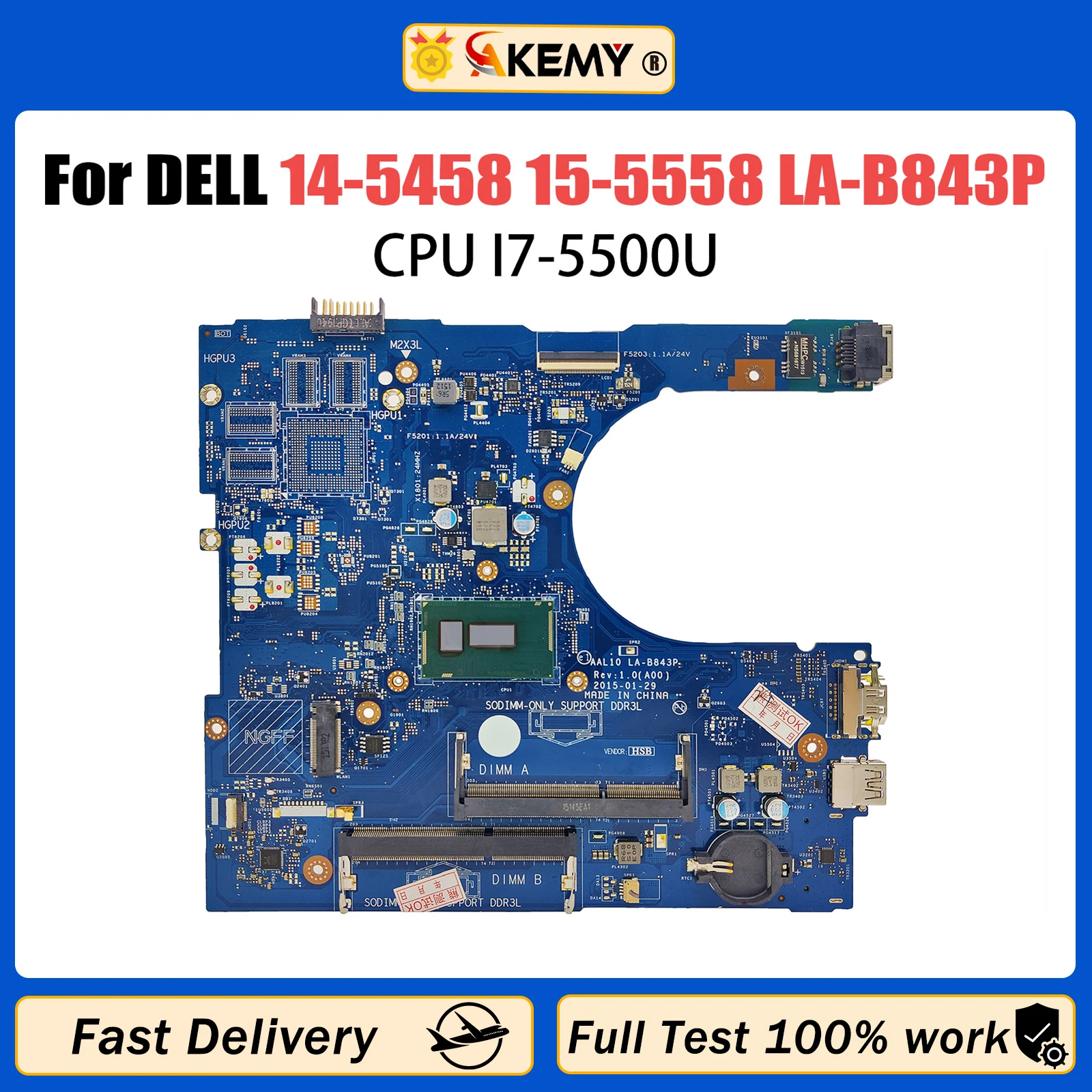 

FOR Dell Inspiron 14 5458 15 5558 Laptops Motherboard AAL10 LA-B843P With I7-5500U CPU CN-0XCFXD