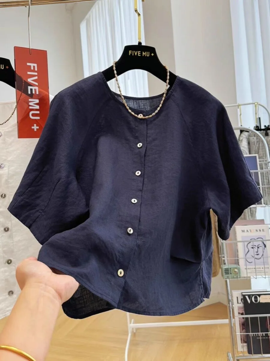 Marca de mujer de lino redondo Ne ort Sve irt verano fino Sle ort longitud Ele Top suelto ajuste Regular longitud Sve