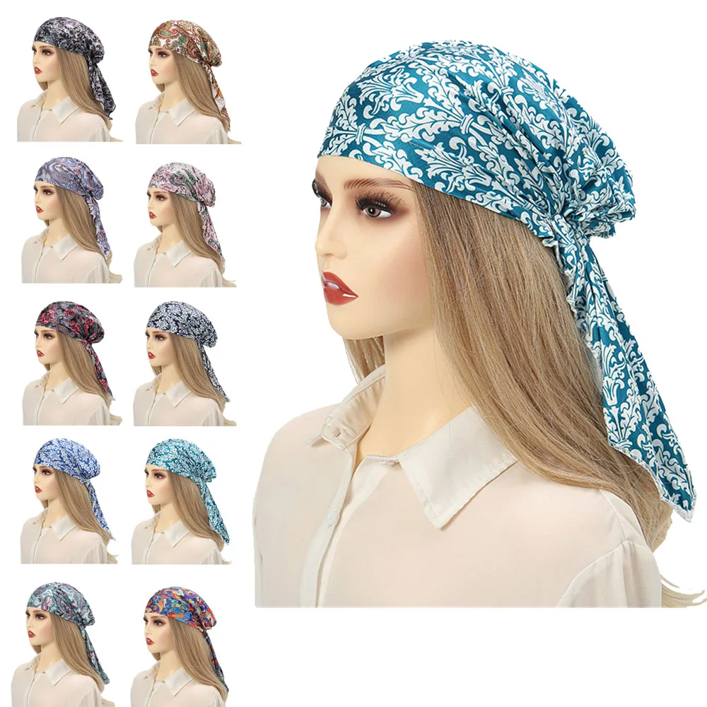 

Women Printed Pre-tie Headscarf Elastic Muslim Female Turban Cancer Chemo Hat Hair Loss Cover Head Wrap Headwear Stretch Bandana