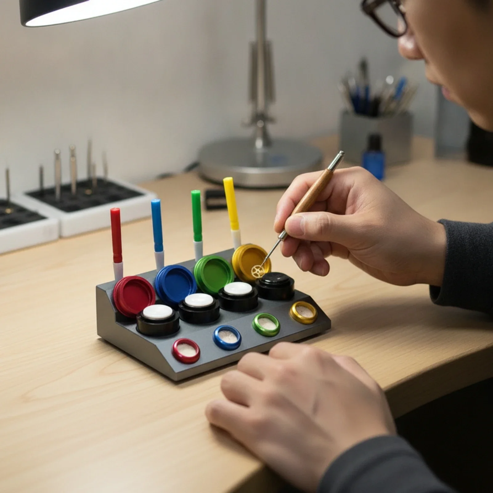 Watch Repair Oil Dish with Pens Non-Slip Watch Oil Cup Stand with Pens Tool Color-Coded Convenient for Watchmakers, Workbench