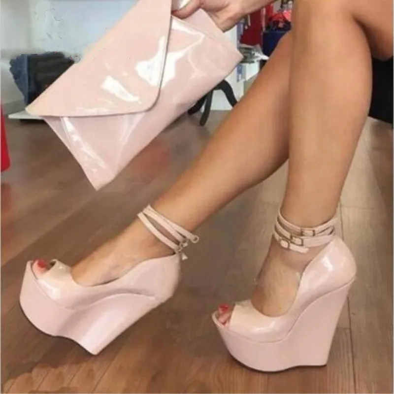 Sexy women\'s shoes. About 15cm high heels. Wedge heel. Fashion show banquet shoes. Peep toe pumps. Large size. SIZE:34-45