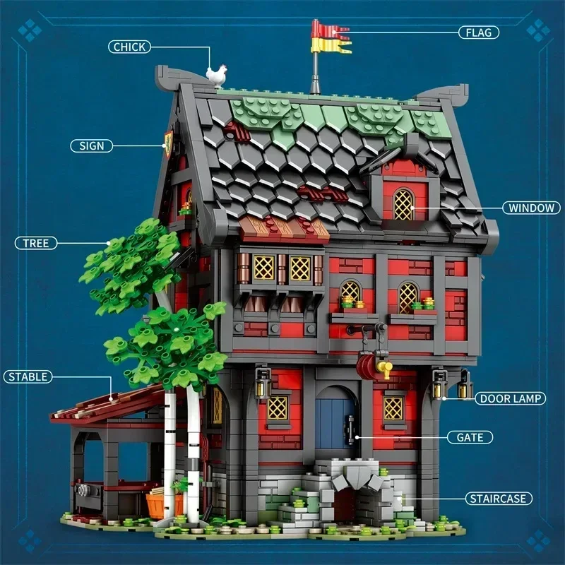 Décennie s de construction Crusader Inn, hôtel européen, vue sur la ville, modèle de briques MOC, décoration de bureau, jouets de bricolage pour enfants, cadeaux, 3214 pièces