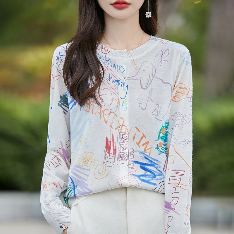 

Весна/Лето-Осень, новый шелковый кардиган с круглым вырезом, шерстяной вязаный свитер с граффити, женская куртка JJ62