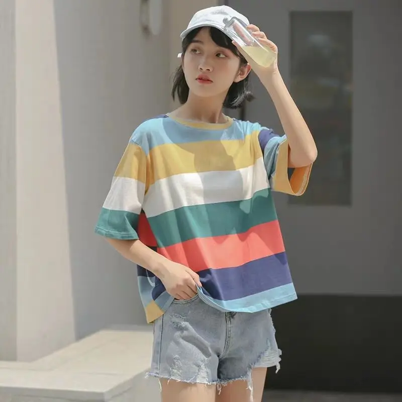 Women Summer Korean Loose Fashion Striped Ice Shreds O-neck Short Sleeve T-Shirt Women Clothes Casual All-match Appear Thin Tops