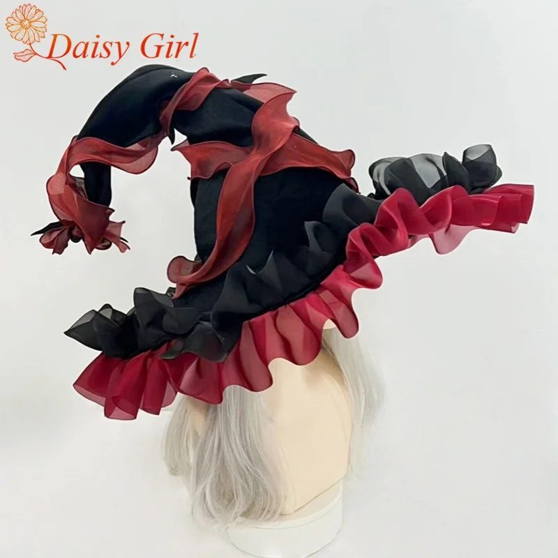 New Halloween Witch Hat Lace Dark Bat Wizard Big Blade Hat Lolita Dress up Cosplay Headdress Props