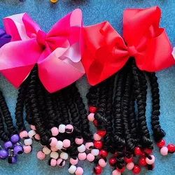 Popular Kids Braided Ponytail with Pink Beads and Black Bow Decoration for Baby Girl Ponytail with Neat Cornrows