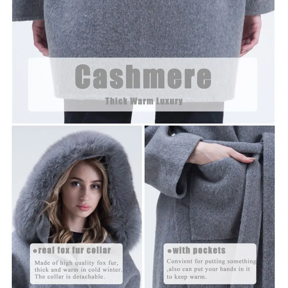 MISSJANEFUR Wool Coat with Real Fox Fur Collar Cuff Women Fashion Belted Cashmere Coats Warm Winter Hooded Trench Peacoat