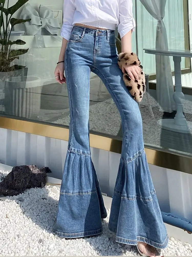 

2025 Spring and Autumn Light-colored Flared Pants Women's Retro High-waisted Patchwork Loose Slim Wide-leg Denim Trousers